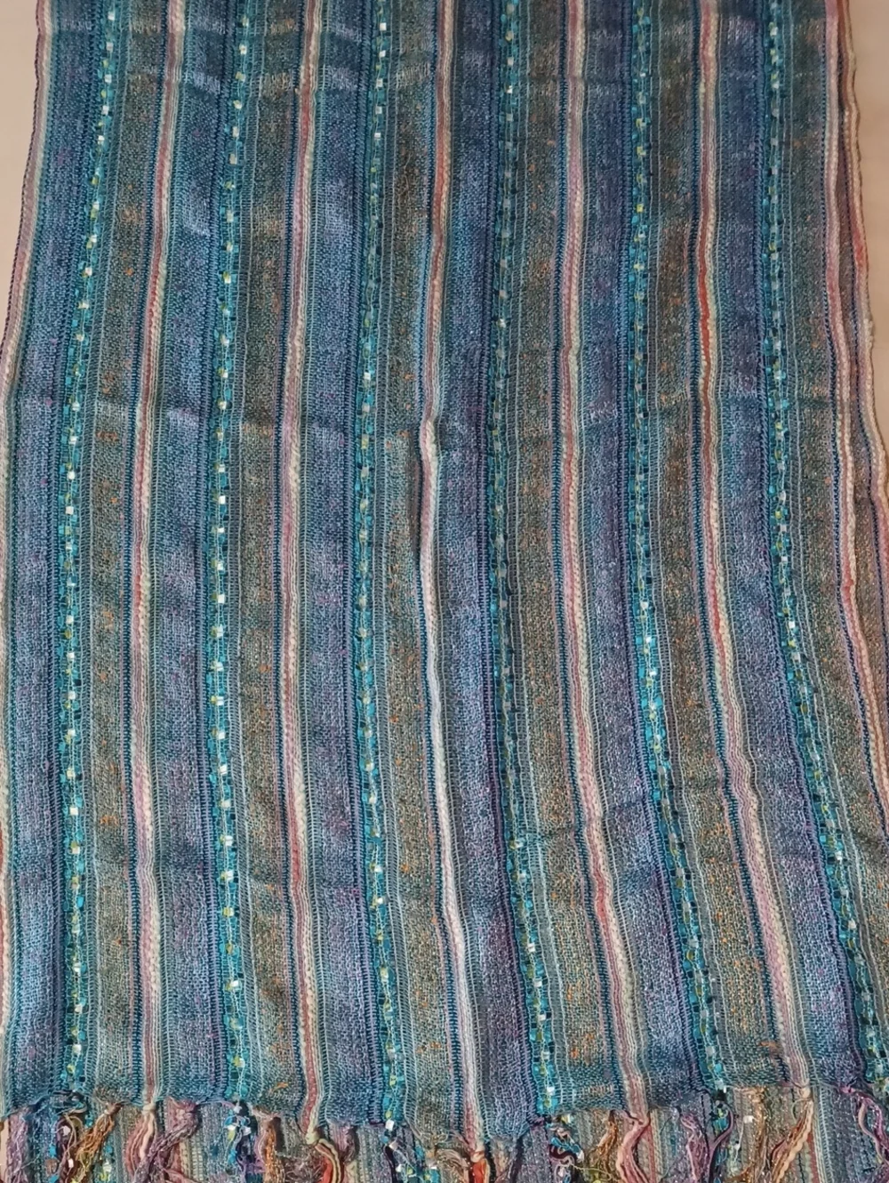 Boho Striped Fringe Scarf Shawl Wrap 72×20 Textured Open Knit Blue Pink Sparkle